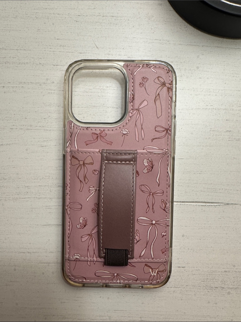 Pink Floral Ribbon Card Pocket Phone Case with Strap Stand